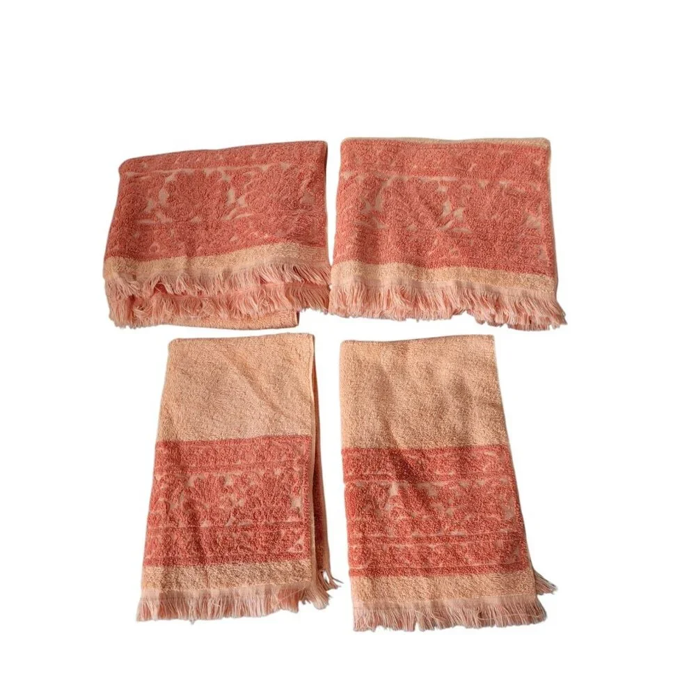 FIELDCREST Sculpted 4pc Set Bath Towels Hand Towels Orange Tangerine Vintage MCM